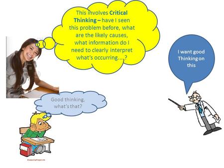 I want good Thinking on this This involves Critical Thinking – have I seen this problem before, what are the likely causes, what information do I need.