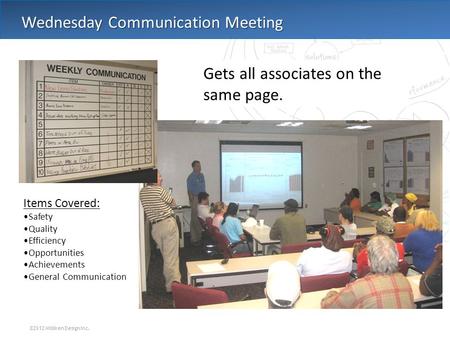 ©2012 Milliken Design Inc. Wednesday Communication Meeting Gets all associates on the same page. Items Covered: Safety Quality Efficiency Opportunities.