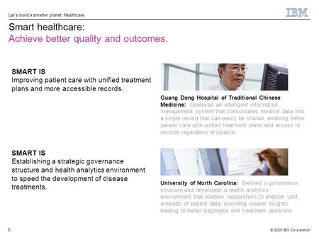 © 2009 IBM Corporation Let’s build a smarter planet: Healthcare 0 Smart healthcare: Achieve better quality and outcomes. SMART IS Establishing a strategic.