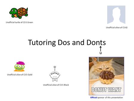 Tutoring Dos and Donts Unofficial alien of CS 5 Gold Unofficial alien of CS 5 Black Unofficial turtle of CS 5 Green Unofficial alien of CS 42 Official.