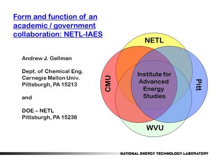 NETL CMU Pitt WVU Institute for Advanced Energy Studies Form and function of an academic / government collaboration: NETL-IAES Andrew J. Gellman Dept.