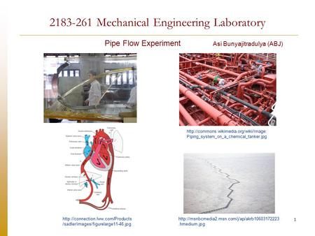 1 Pipe Flow Experiment Asi Bunyajitradulya (ABJ) 2183-261 Mechanical Engineering Laboratory