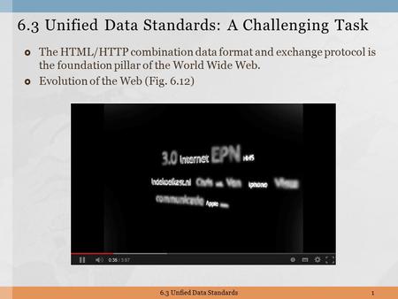  The HTML/HTTP combination data format and exchange protocol is the foundation pillar of the World Wide Web.  Evolution of the Web (Fig. 6.12) 6.3 Unified.