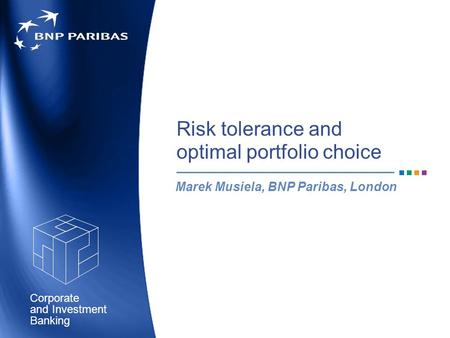 Corporate Banking and Investment Risk tolerance and optimal portfolio choice Marek Musiela, BNP Paribas, London.