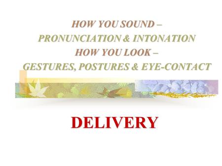 DELIVERY HOW YOU SOUND – PRONUNCIATION & INTONATION HOW YOU LOOK – GESTURES, POSTURES & EYE-CONTACT.