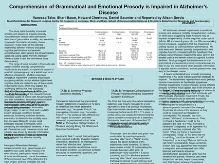 Comprehension of Grammatical and Emotional Prosody is Impaired in Alzheimer’s Disease Vanessa Taler, Shari Baum, Howard Chertkow, Daniel Saumier and Reported.