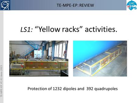 TE-MPE-EP: REVIEW LS1: “Yellow racks” activities. Protection of 1232 dipoles and 392 quadrupoles TE-MPE-EP, VF, 02-June-2015.