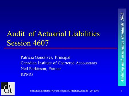 Auditing and assurance standards 2005 Canadian Institute of Actuaries General Meeting, June 28 - 29, 20051 Audit of Actuarial Liabilities Session 4607.