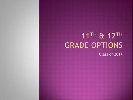 Class of 2017.  Today’s purpose is to learn about options for your final two years of high school.  Step one: Declare your “major”