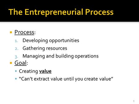  Process: 1. Developing opportunities 2. Gathering resources 3. Managing and building operations  Goal:  Creating value  “Can’t extract value until.