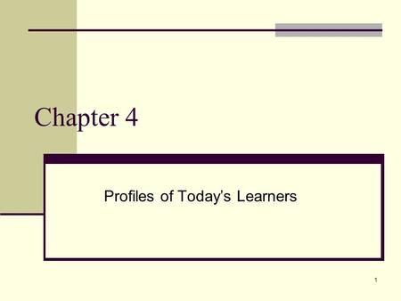 1 Chapter 4 Profiles of Today’s Learners. 2 Varying Impressions of the Young View One Drug use is rampant and has increased over the years Disinterest.