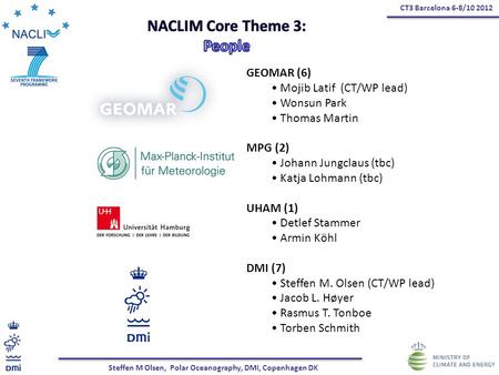 Steffen M Olsen, Polar Oceanography, DMI, Copenhagen DK CT3 Barcelona 6-8/10 2012 GEOMAR (6) Mojib Latif (CT/WP lead) Wonsun Park Thomas Martin MPG (2)