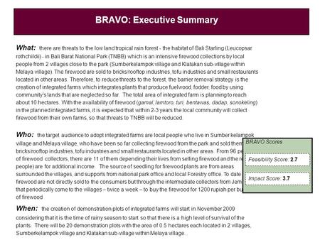 BRAVO: Executive Summary What: there are threats to the low land tropical rain forest - the habitat of Bali Starling (Leucopsar rothchildii) - in Bali.