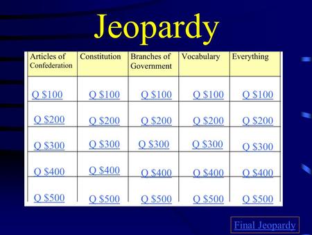 Jeopardy Q $100 Q $200 Q $300 Q $400 Q $500 Q $100 Q $200 Q $300 Q $400 Q $500 Final Jeopardy.