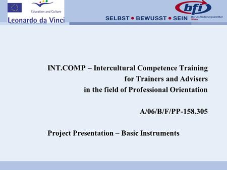 INT.COMP – Intercultural Competence Training for Trainers and Advisers in the field of Professional Orientation A/06/B/F/PP-158.305 Project Presentation.