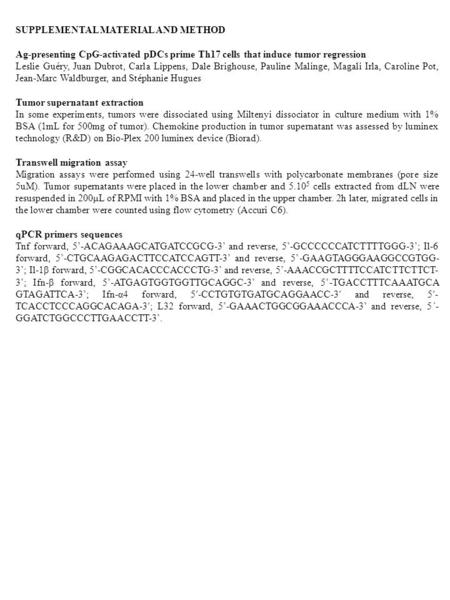 SUPPLEMENTAL MATERIAL AND METHOD Ag-presenting CpG-activated pDCs prime Th17 cells that induce tumor regression Leslie Guéry, Juan Dubrot, Carla Lippens,