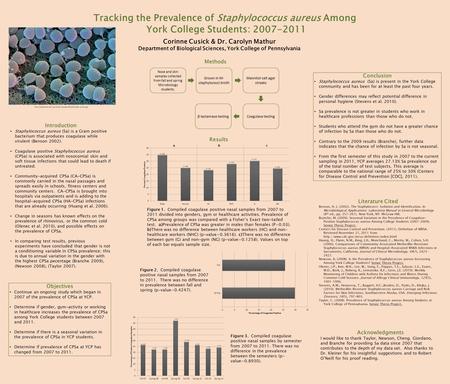 Tracking the Prevalence of Staphylococcus aureus Among York College Students: 2007-2011 Corinne Cusick & Dr. Carolyn Mathur Department of Biological Sciences,