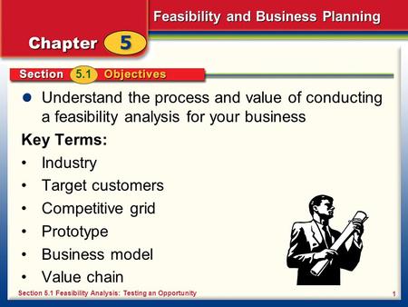 5.1 Understand the process and value of conducting a feasibility analysis for your business Key Terms: Industry Target customers Competitive grid Prototype.