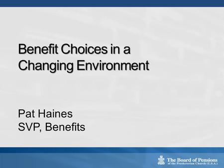 Benefit Choices in a Changing Environment Pat Haines SVP, Benefits.