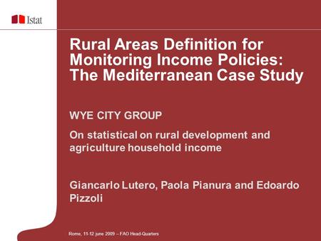 Giancarlo Lutero, Paola Pianura and Edoardo Pizzoli WYE CITY GROUP On statistical on rural development and agriculture household income Rural Areas Definition.