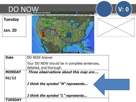 DO NOW V: 0 Tuesday Jan. 20 Date DO NOW Answer Your DO NOW should be in complete sentences, detailed, and thorough. MONDAY 01/12 Three observations about.