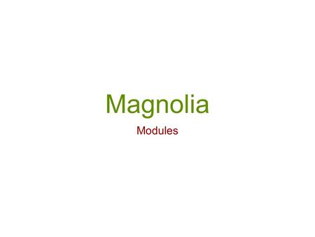 Magnolia Modules. Architecture Web Application (WAR) Magnolia 3.5.4 CoreGUICache Modules DMS 2.3Data 1.1Scheduler 1.0.1 Custom Project Base 2.2 Project.