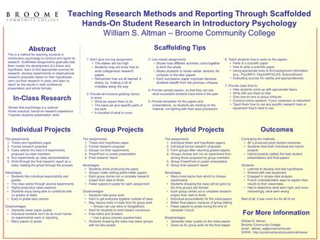 Teaching Research Methods and Reporting Through Scaffolded Hands-On Student Research in Introductory Psychology William S. Altman – Broome Community College.