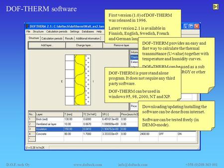 DOF-THERM software First version (1.0) of DOF-THERM was released in 1996. Latest version 2.1 is available in Finnish, English, Swedish, French and German.