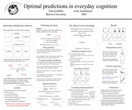 Optimal predictions in everyday cognition Tom Griffiths Josh Tenenbaum Brown University MIT Predicting the future Optimality and Bayesian inference Results.