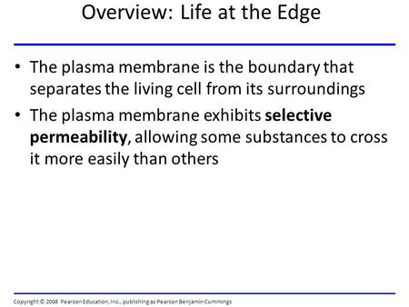 Overview: Life at the Edge The plasma membrane is the boundary that separates the living cell from its surroundings The plasma membrane exhibits selective.