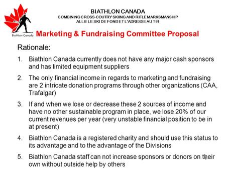 1 BIATHLON CANADA COMBINING CROSS-COUTRY SKIING AND RIFLE MARKSMANSHIP ALLIE LE SKI DE FOND ET L’ADRESSE AU TIR Marketing & Fundraising Committee Proposal.