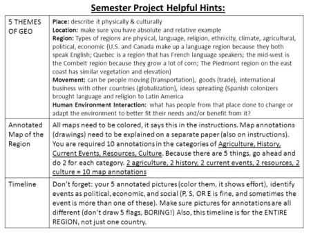 Semester Project Helpful Hints: 5 THEMES OF GEO Place: describe it physically & culturally Location: make sure you have absolute and relative example Region: