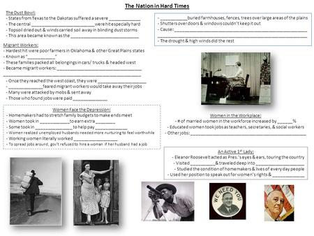 The Nation in Hard Times The Dust Bowl: - States from Texas to the Dakotas suffered a severe _____________ - The central __________________________were.