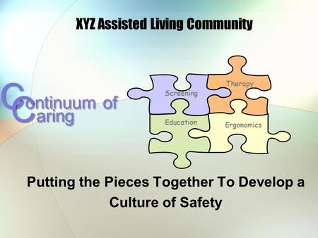 XYZ Assisted Living Community Putting the Pieces Together To Develop a Culture of Safety Screening Ergonomics Education Therapy C ontinuum of C aring.