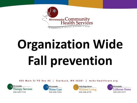 Organization Wide Fall prevention. Goals of our falls program Organization wide Work smarter not harder Everyone is involved and responsible.