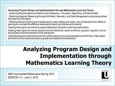 Analyzing Program Design and Implementation through Mathematics Learning Theory - Exploring Representations of Addition and Subtraction – Concepts, Algorithms,