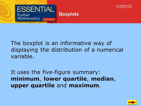 Boxplots The boxplot is an informative way of displaying the distribution of a numerical variable.. It uses the five-figure summary: minimum, lower quartile,