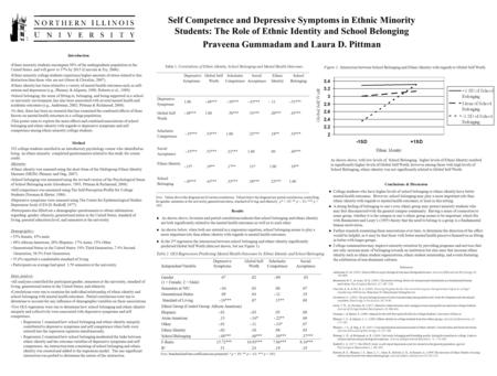 Self Competence and Depressive Symptoms in Ethnic Minority Students: The Role of Ethnic Identity and School Belonging Praveena Gummadam and Laura D. Pittman.