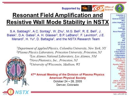 NSTX SAS – APS DPP ‘05 Supported by Office of Science S.A. Sabbagh 1, A.C. Sontag 1, W. Zhu 1, M.G. Bell 2, R. E. Bell 2, J. Bialek 1, D.A. Gates 2, A.