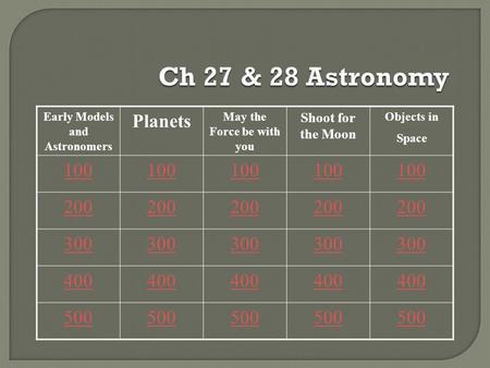 Early Models and Astronomers Planets May the Force be with you Shoot for the Moon Objects in Space 100 200 300 400 500.