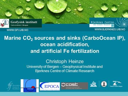 WWW.BJERKNES.UIB.NO WWW.GFI.UIB.NO Marine CO 2 sources and sinks (CarboOcean IP), ocean acidification, and artificial Fe fertilization Christoph Heinze.