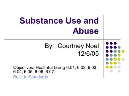 Substance Use and Abuse By: Courtney Noel 12/6/05 Objectives: Healthful Living 6.01, 6.02, 6.03, 6.04, 6.05, 6.06, 6.07 Back to Standards.