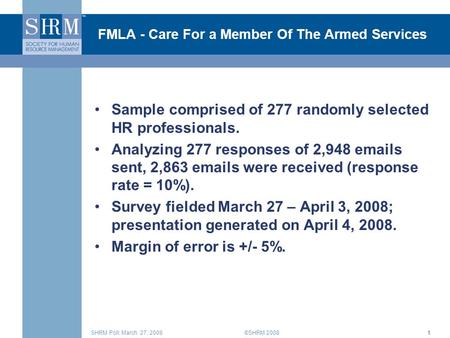 ©SHRM 2008SHRM Poll: March 27, 20081 FMLA - Care For a Member Of The Armed Services Sample comprised of 277 randomly selected HR professionals. Analyzing.