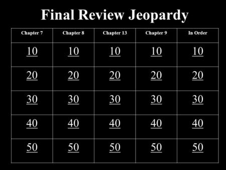 Final Review Jeopardy Chapter 7Chapter 8Chapter 13Chapter 9In Order 10 20 30 40 50.