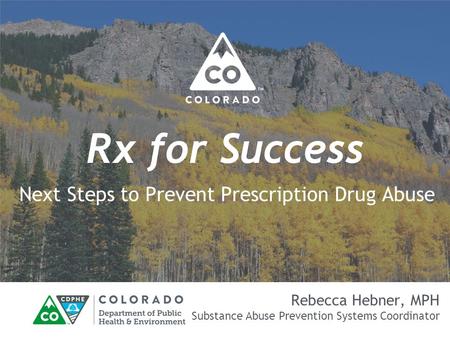 Rx for Success Next Steps to Prevent Prescription Drug Abuse Rebecca Hebner, MPH Substance Abuse Prevention Systems Coordinator.