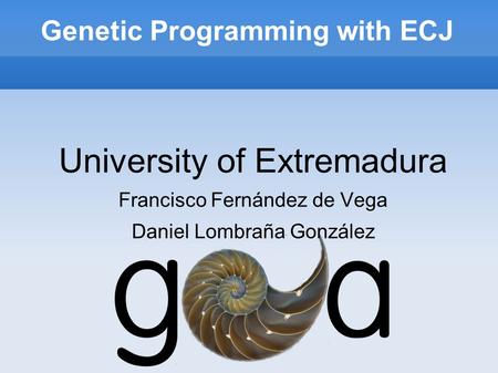 Genetic Programming with ECJ University of Extremadura Francisco Fernández de Vega Daniel Lombraña González.