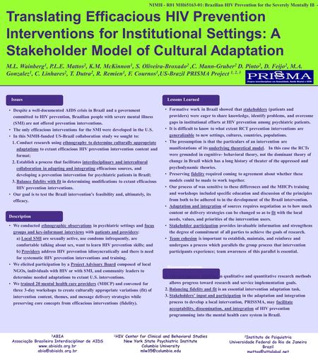 NIMH - R01 MH65163-01: Brazilian HIV Prevention for the Severely Mentally Ill - Translating Efficacious HIV Prevention Interventions for Institutional.