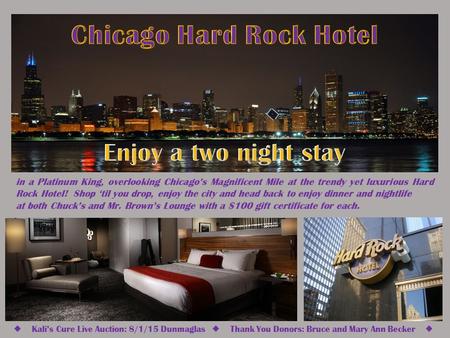 In a Platinum King, overlooking Chicago’s Magnificent Mile at the trendy yet luxurious Hard Rock Hotel! Shop ‘til you drop, enjoy the city and head back.