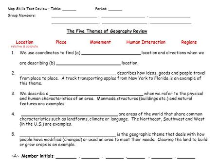 The Five Themes of Geography Review Location relative & absolute PlaceMovementHuman InteractionRegions 1.We use coordinates to find (a) ______________________.