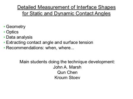 Detailed Measurement of Interface Shapes for Static and Dynamic Contact Angles Geometry Optics Data analysis Extracting contact angle and surface tension.